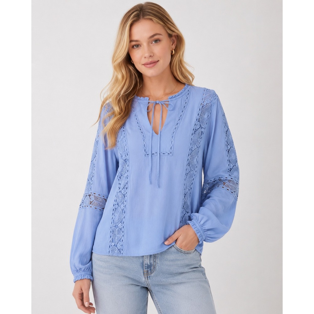 Reiss Dottie Blouse Womens 4 Blue Excellent Crochet Lace Tie Neck Boho Top